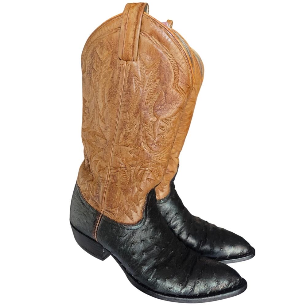 Vintage 70s 80s Tony Lama OSTRICH Black Tan Two Tone Leather Western Boot Men 8D